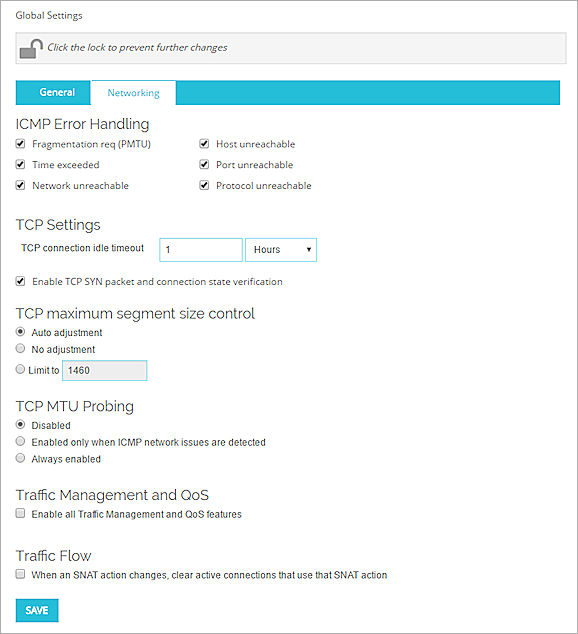 Screen shot of the Global Settings page, Networking tab