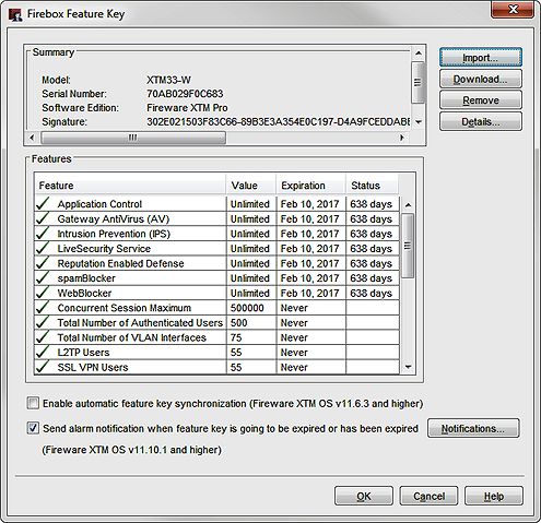 Screen shot of the Firebox Feature Key dialog box