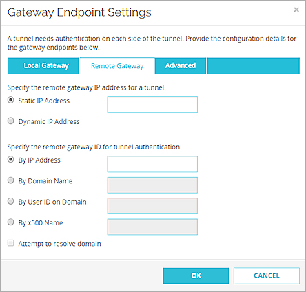 ゲートウェイ Endpoint の設定 ダイアログ ボックス、リモートゲートウェイ タブのスクリーンショット