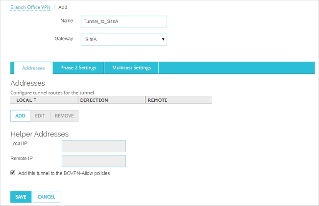 Screen shot of the Tunnel Settings for Site B