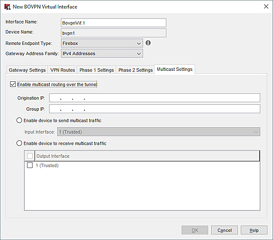 Screen shot of the New BOVPN Virtual Interface dialog box, Multicast Settings tab