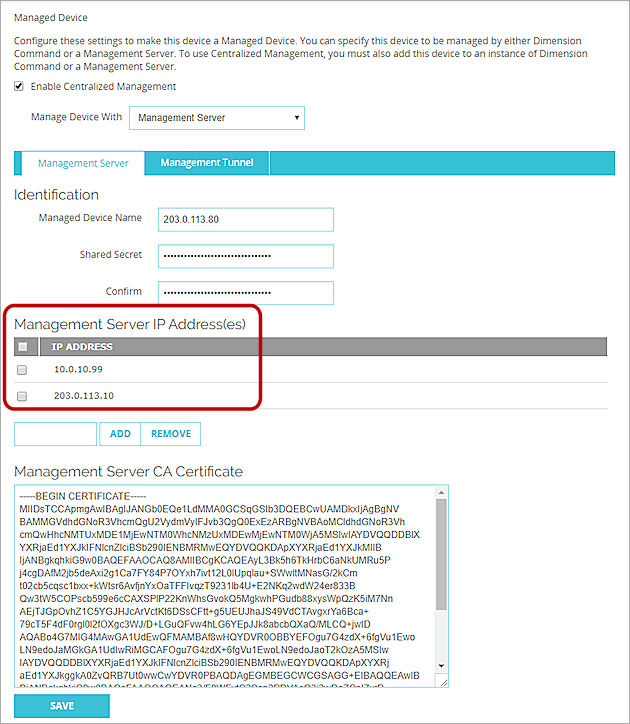 Screen shot of the Management Server IP Addresses in Fireware Web UI