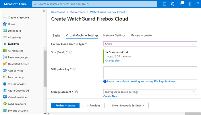 Screen shot of the Virtual Machines Settings page in Azure