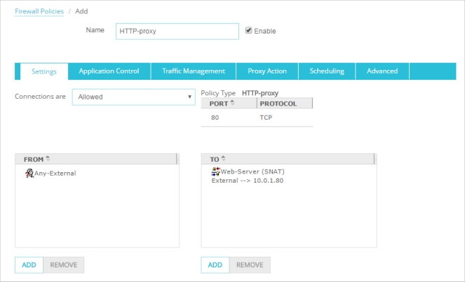 Screen shot of the HTTP-proxy policy with the SNAT action added