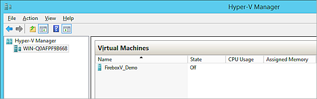 Screen shot of the Virtual Machines pane with a FireboxV virtual machine added