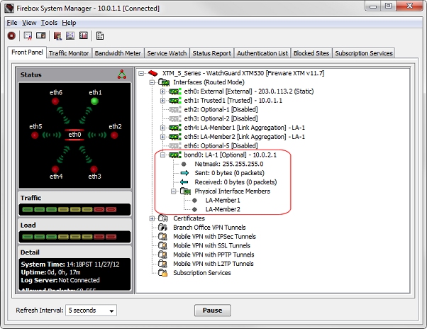 リンク アグリゲーション インターフェイスの状態が表示されている Firebox System Manager のフロントパネル タブのスクリーン ショット