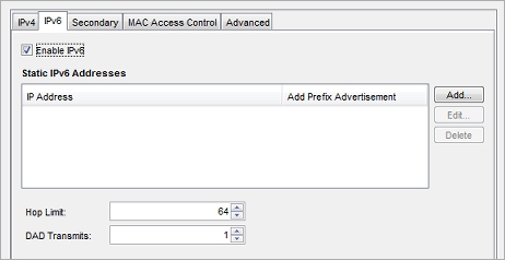 Policy Manager におけるインターフェイスの設定 ダイアログ ボックス、IPv6 タブのスクリーンショット