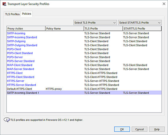 Policy Manager にある TLS プロファイルダイアログのポリシー タブのスクリーンショット