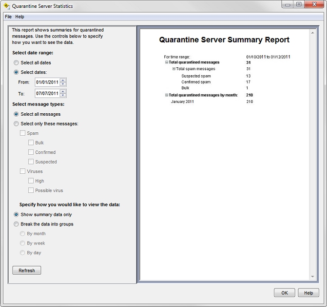 Quarantine Server の統計 ダイアログ ボックのスクリーンショット