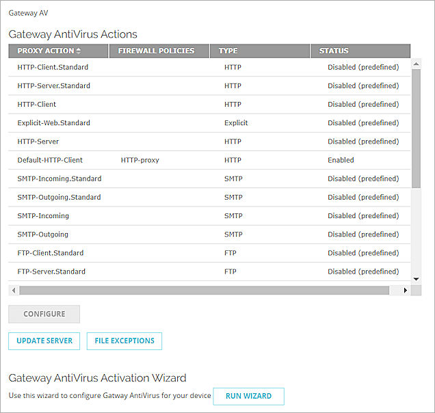 Screen shot of the Gateway AV configuration page