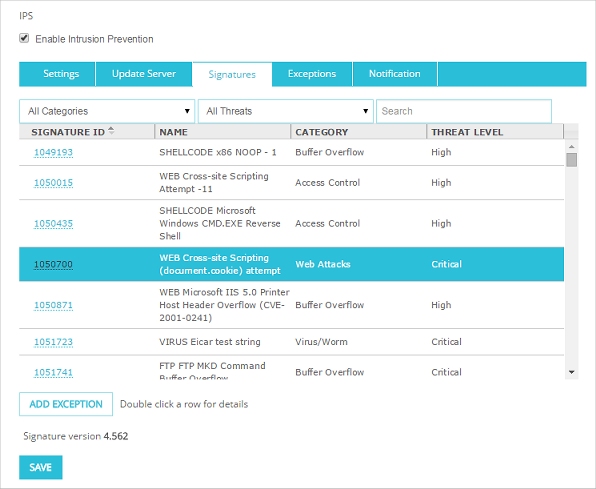 Screen shot of the IPS Signatures tab