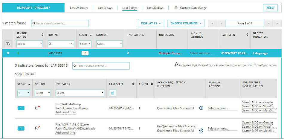 Screen shot of an expanded indicator with a quarantined file