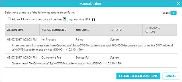 Screen shot of the Manual Actions dialog box with the Unquarantine HRP action selected