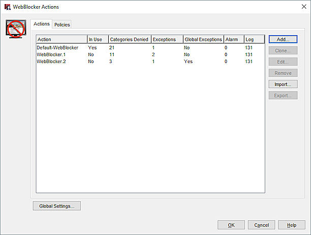 Screen shot of the WebBlocker Actions dialog box