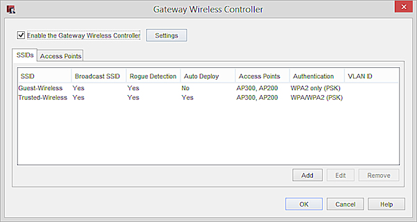 Gateway Wireless Controller ダイアログ ボックスの SSID タブのスクリーンショット