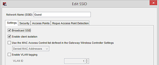 SSID AP100-Guest の SSID の編集ダイアログ ボックスのスクリーンショット