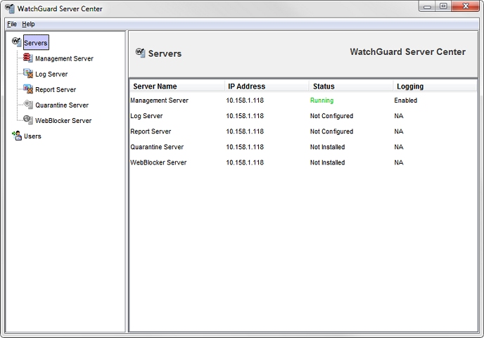 Screen shot of the WatchGuard Server Center Servers page with the "Log Server not configured" message