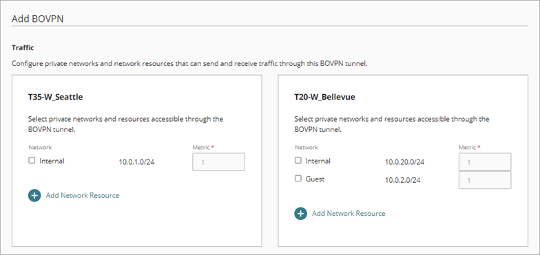 Screen shot of the Add BOVPN, Traffic settings