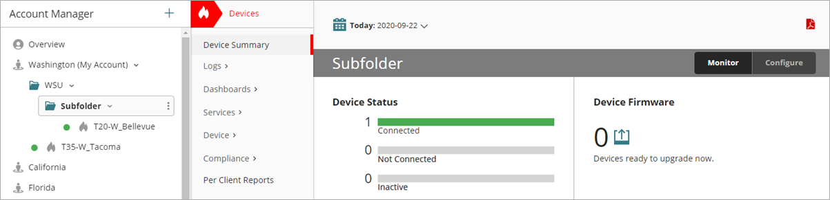 Screen shot of WatchGuard Cloud Monitor Devices page for a folder