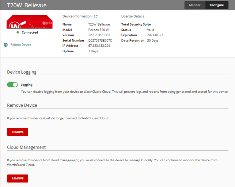 Screen shot of the Configure page for a Firebox that is cloud managed