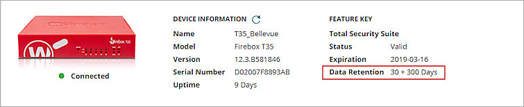データ保持ライセンスが割り当てられた Firebox のデバイス設定ページのスクリーンショット