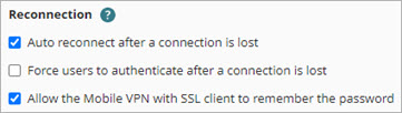 Screen shot of the Reconnection settings in the Mobile VPN configuration