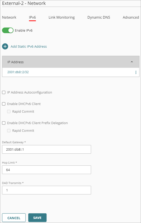 Screen shot of the IPv6 configuration for an external network