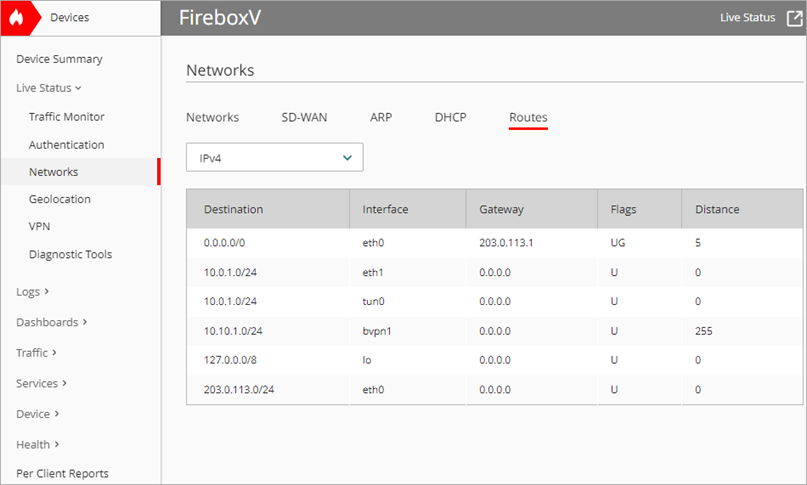 Screen shot of WatchGuard Cloud, Live Status, Networks Routes