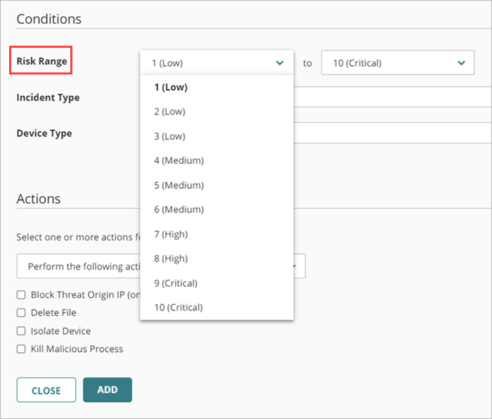 Screen shot of the Risk Range drop-down list on the Add Policy page in ThreatSync