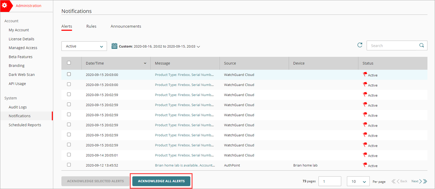 Screen shot of WatchGuard Cloud Alerts page, Acknowledge All Alerts