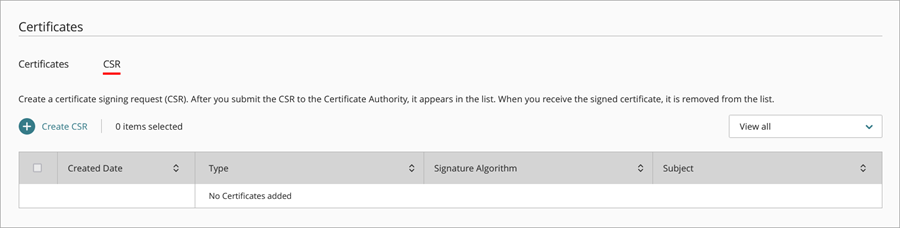 Screen shot of the CSR tab on the Certificates page