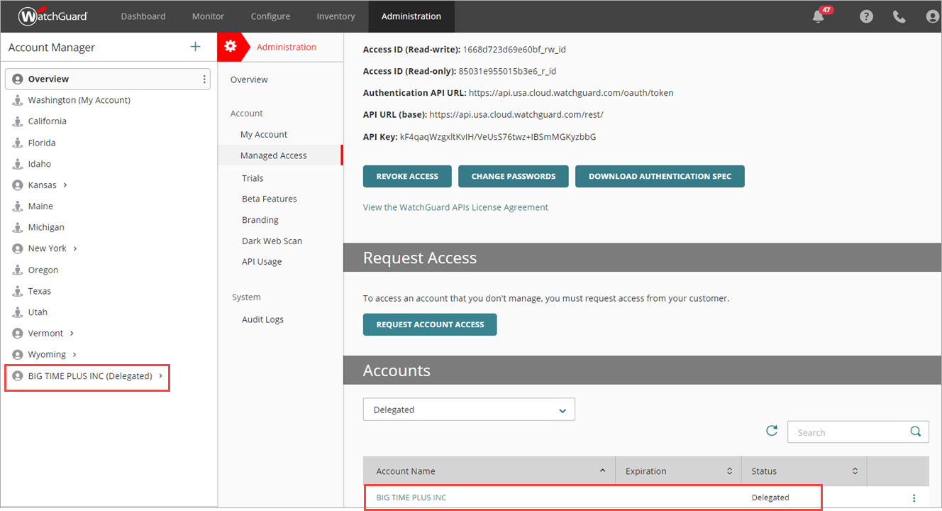 Screen shot of WatchGuard Cloud, Managed Access, Delegated