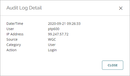 Screen shot of WatchGuard Cloud, Audit Log Details dialog box