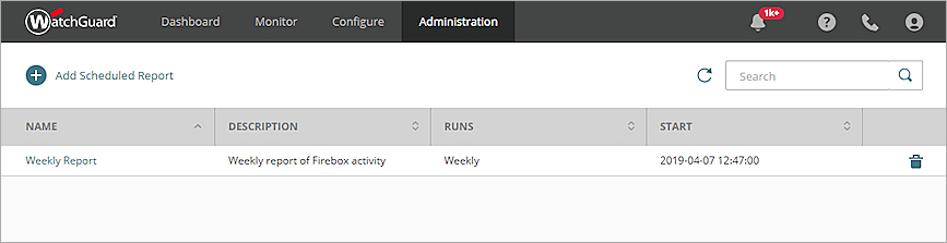 Screen shot of WatchGuard Cloud, schedules reports list