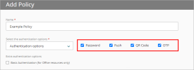 Screenshot of the Add Policy page with authentication options selected. 