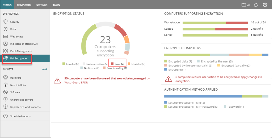 Screen shot of WatchGuard EPDR, Full Encryption dashboard errors