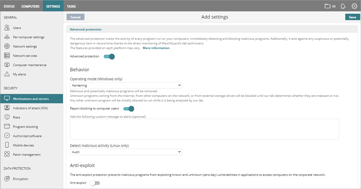 Screen shot of WatchGuard Endpoint Security, Advanced Protection settings