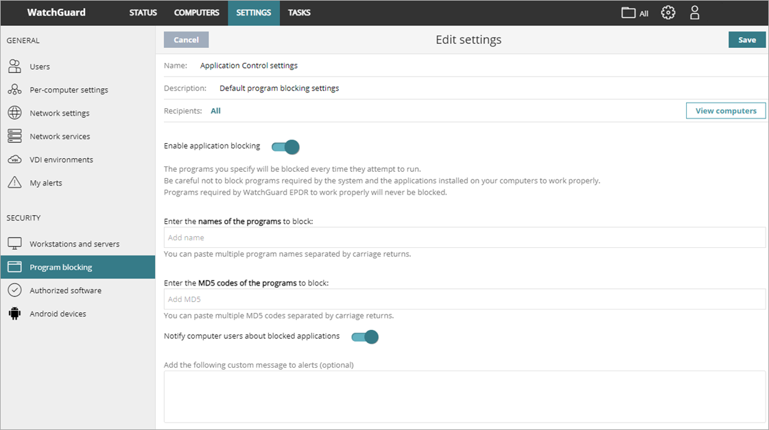 Screen shot of WatchGuard Endpoint Security, Program Blocking settings