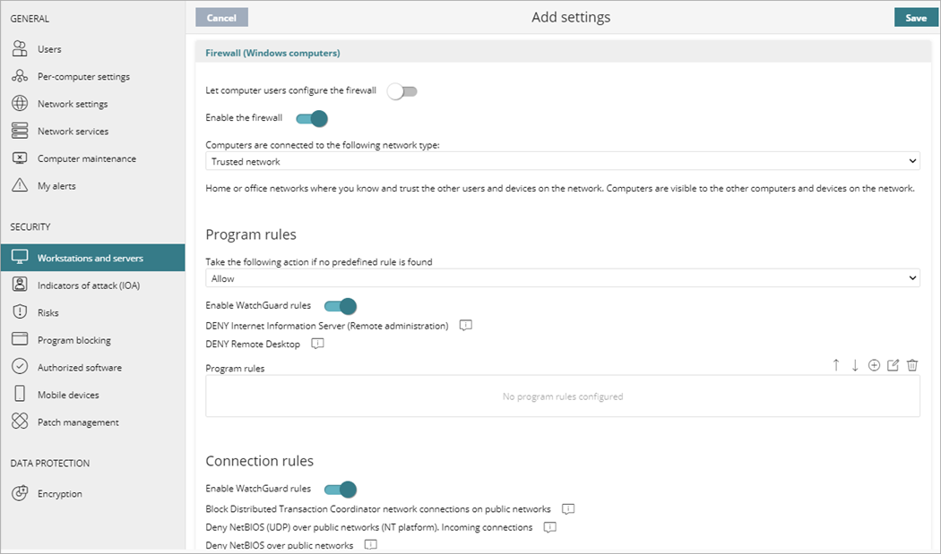 Screen shot of WatchGuard Endpoint Security, Firewall settings