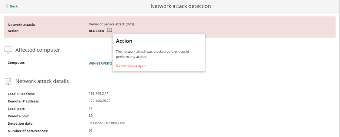 Screen shot of Network Attack Detection action. 