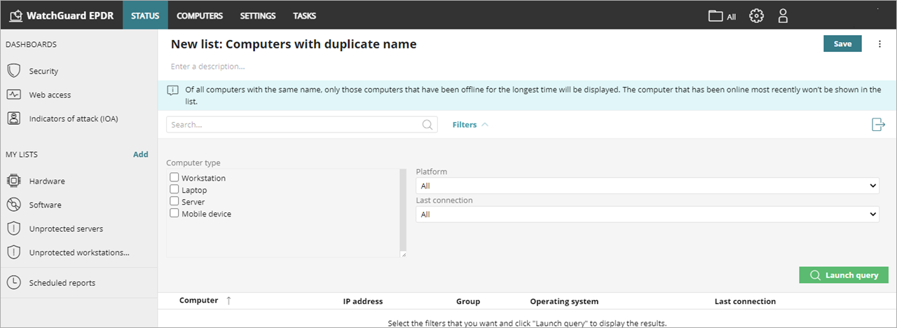 Screen shot of WatchGuard Endpoint Security, New list