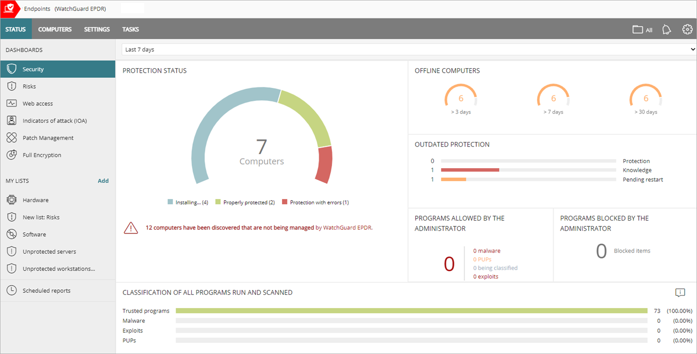 Screen shot of the WatchGuard EPDR Security dashboard