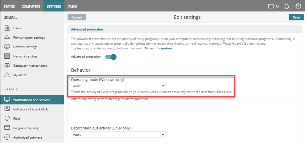 Screenshot of Advanced Protection settings