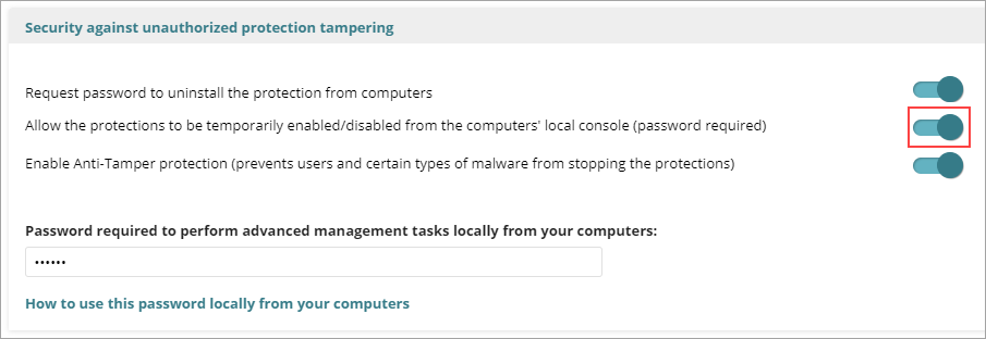 Screenshot of the Security Against Unauthorized Protection Tampering UI. 