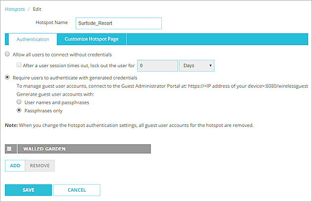 Fireware Web UI のホットスポットの認証タブのスクリーンショット