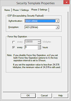 [セキュリティ テンプレート プロパティ] ダイアログ ボックスの [フェーズ 2] タブのスクリーンショット