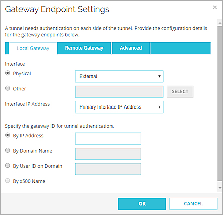 ゲートウェイ Endpoint の設定 ダイアログ ボックス、ローカル ゲートウェイ タブのスクリーンショット