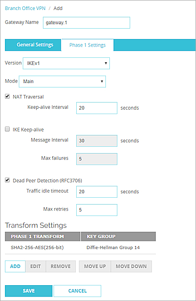 Branch Office VPN ゲートウェイの設定ページ - フェーズ 1 の設定タブのスクリーンショット