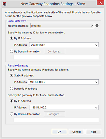 複数のゲートウェイ ペアのうち最初のゲートウェイ ペアの 新しいゲートウェイ Endpoint の設定 ダイアログ ボックスのスクリーンショット