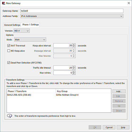 新しいゲートウェイ ダイアログ ボックス - サイト A のフェーズ 1 の設定のスクリーンショット